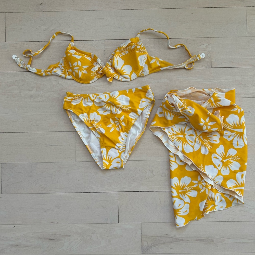 Yellow Floral Bikini Set with Sarong